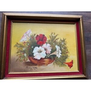 Vintage  Signed Floral Oil Painting 1980 Petunias Hibiscus Framed
